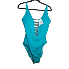NEW Bleu Rod Beattie 14 Teal Blue Kore Beaded Lace Up Plunge One Piece Swimsuit