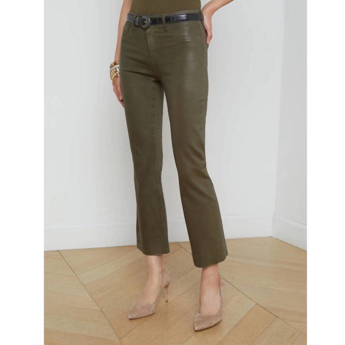 L'AGENCE kendra coated cropped flare jeans in pinewood coated 31 Excellent condi