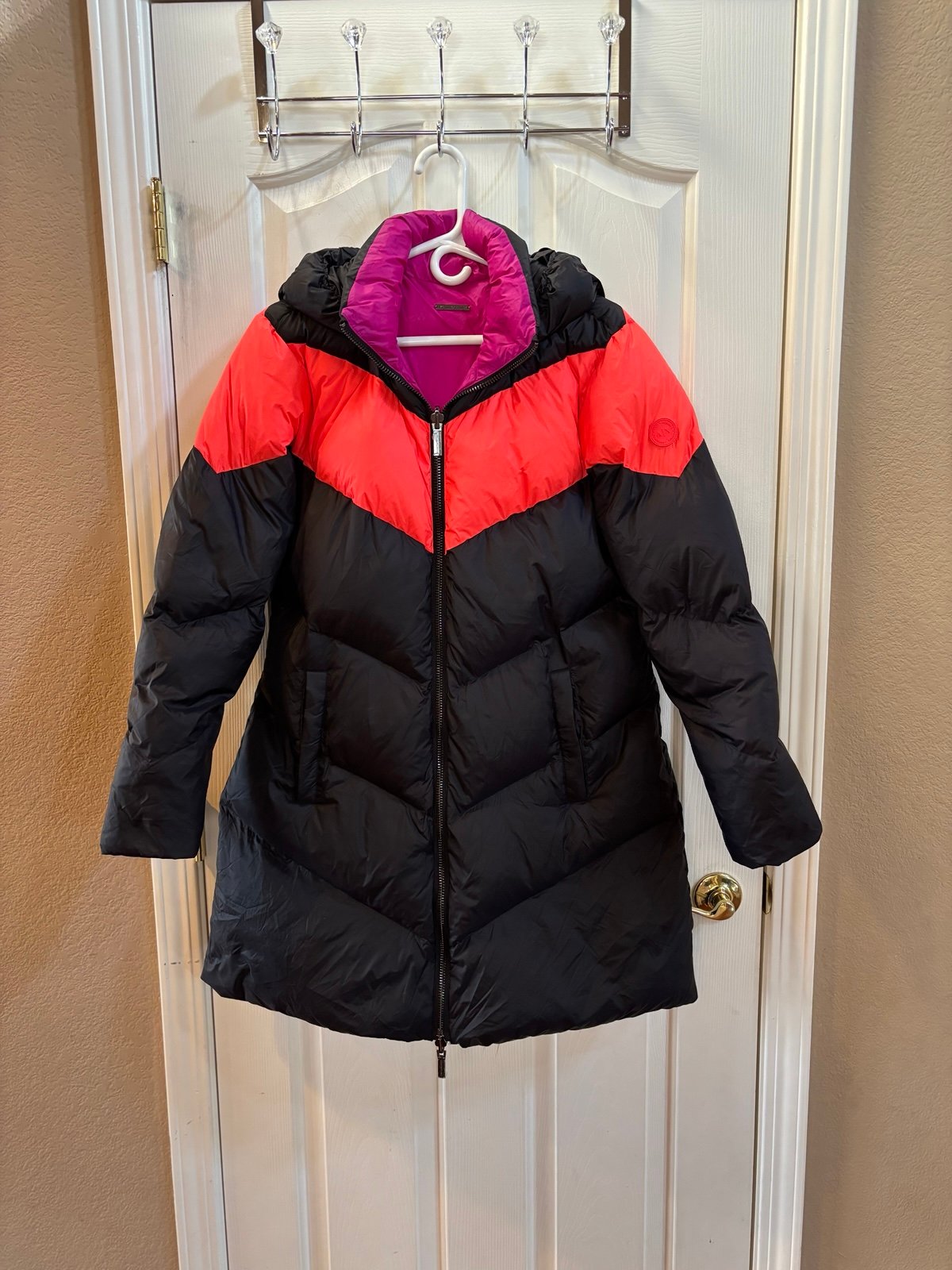 Armani Exchange Women’s Black/Orange/Pink Reversible Winter Puffer Long Coat, XL