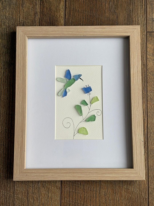 Framed Sea Glass Picture, Bird, Flower, Home Decor, Handmade Gift, 8x10 Frame