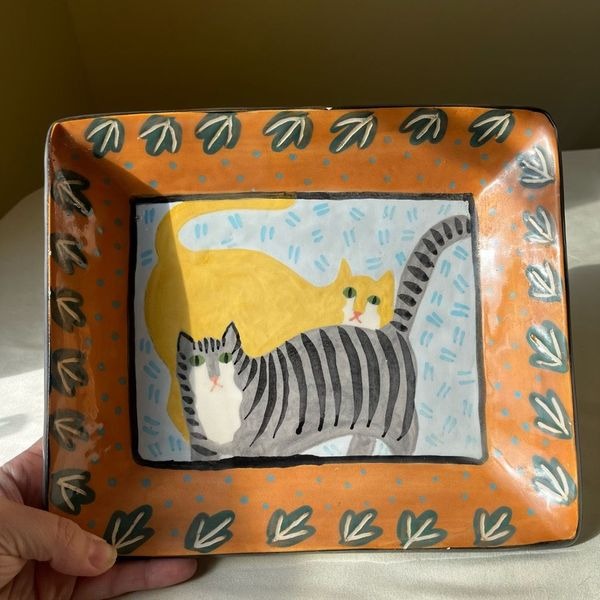 Vintage Solveig Cox Signed Ceramic Dish Tray Orange & Gray Cats with Leaf Design