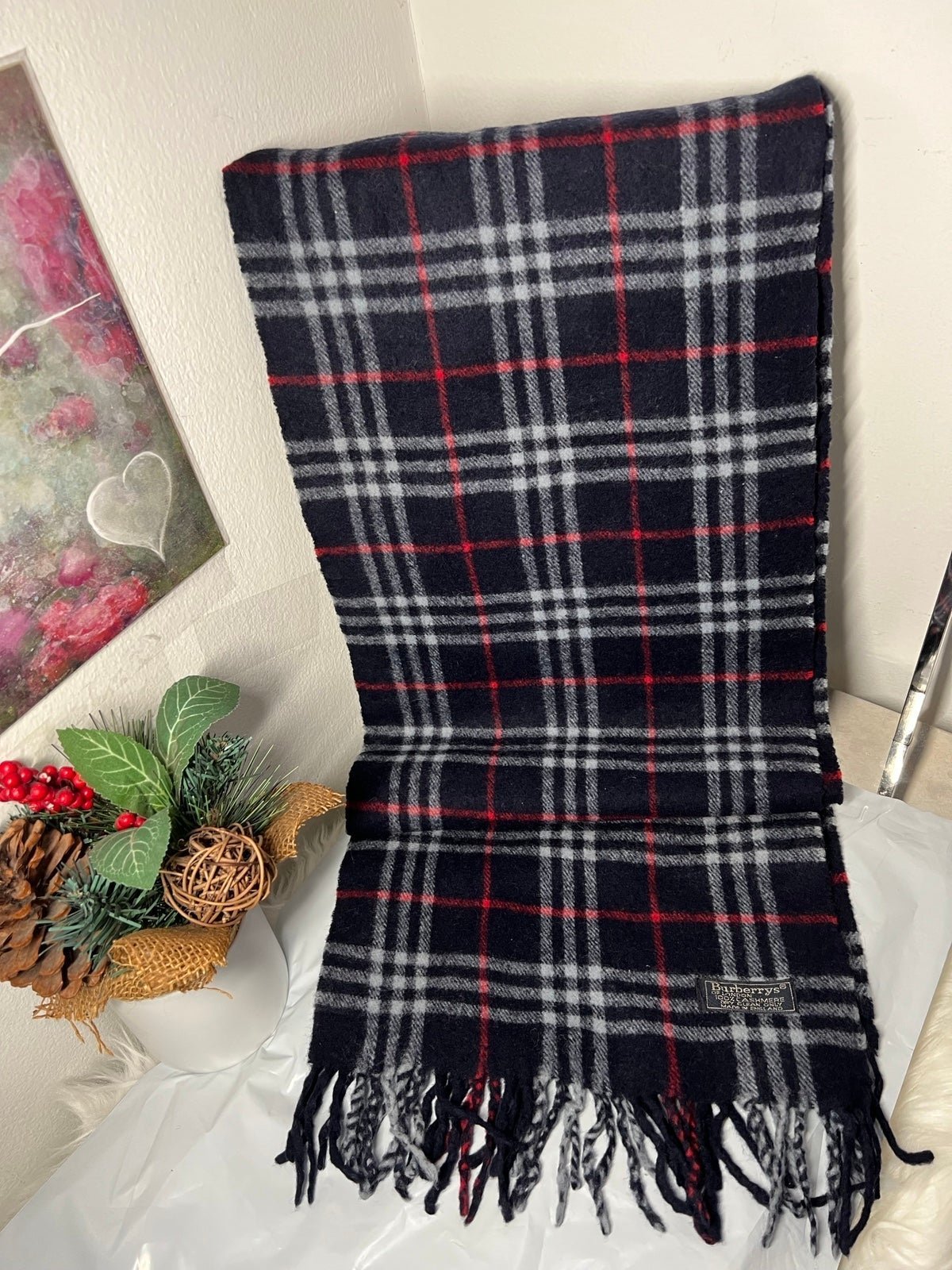 Authentic Burberrys unisex Scarf Blue Check Vintage 100% cashmere