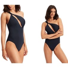 Seafolly One-Shoulder Cutout One-Piece Swimsuit True Navy Blue NWT size 4