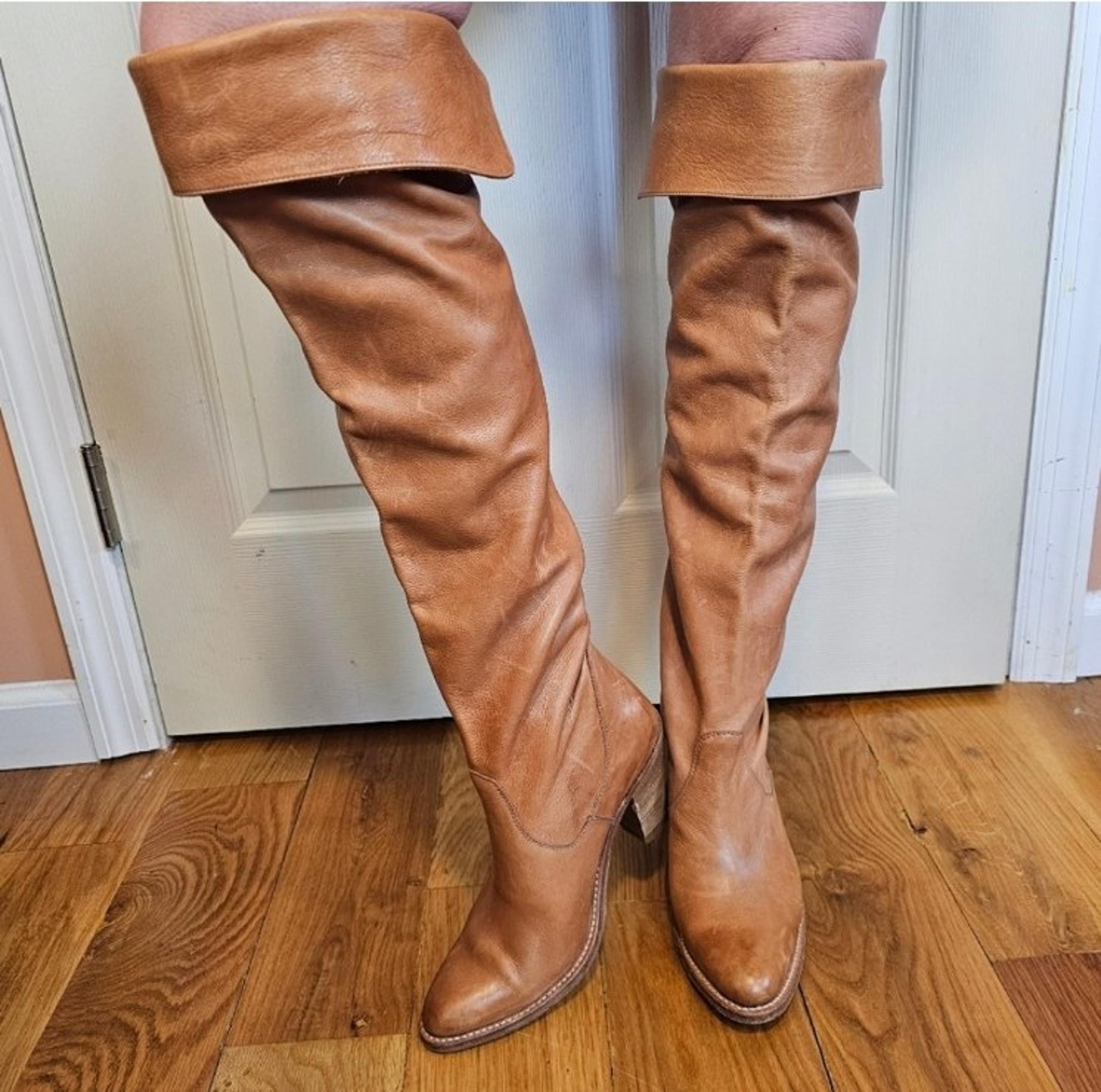 Sendra Goodyear Tan Pirate Knee high Leather Heeled Vintage Boots