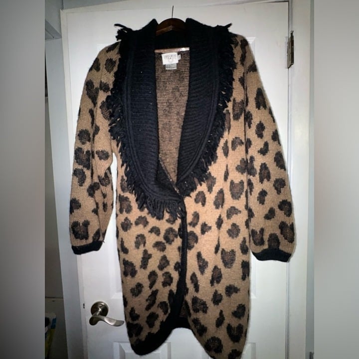 Vintage Cervelle wool Leopard print Knit Midi Cardigan Sz S Mid Length