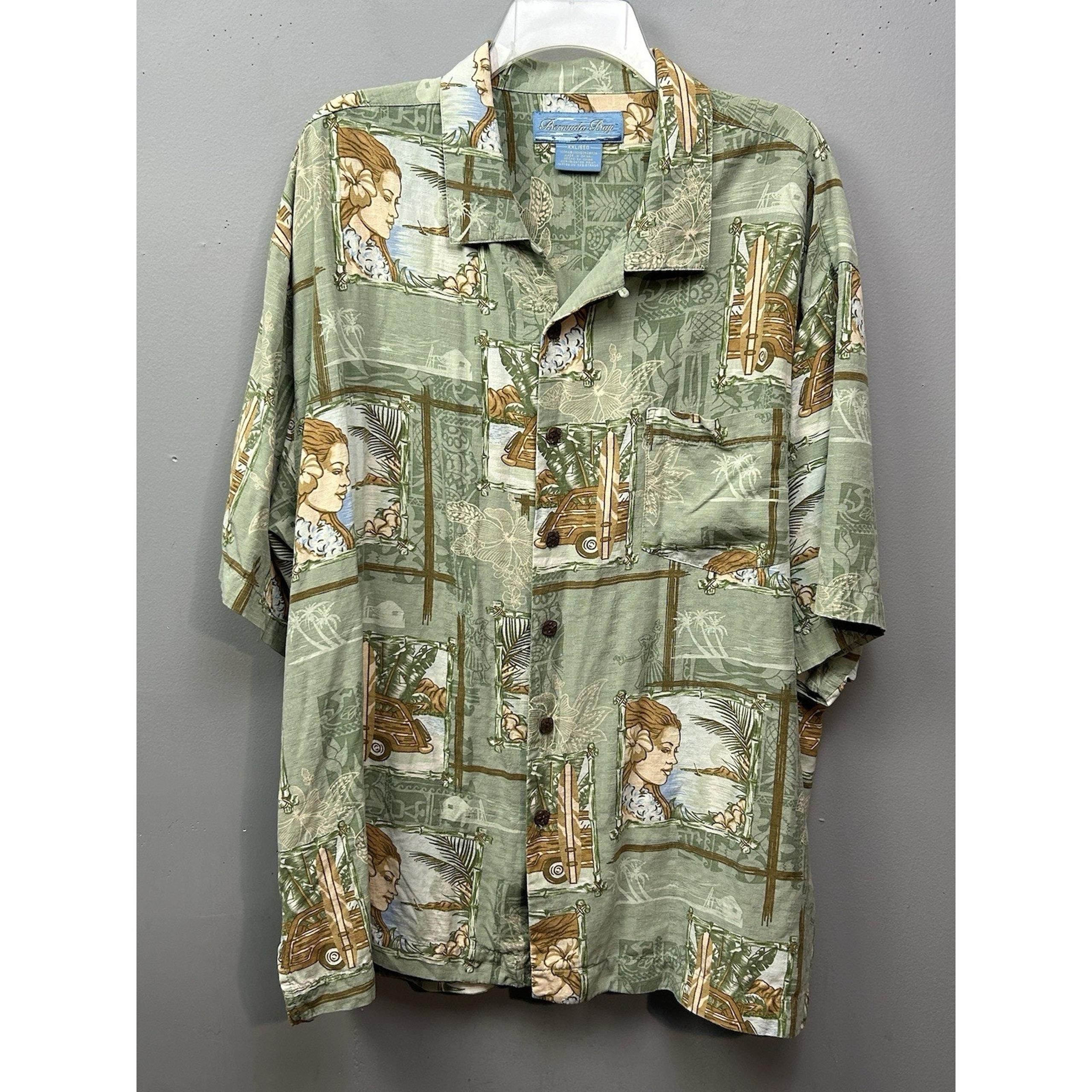 Bermuda Bay Silk Hawaiian Shirt Mens XXL Green Beach Surf Camp Short Sleeve