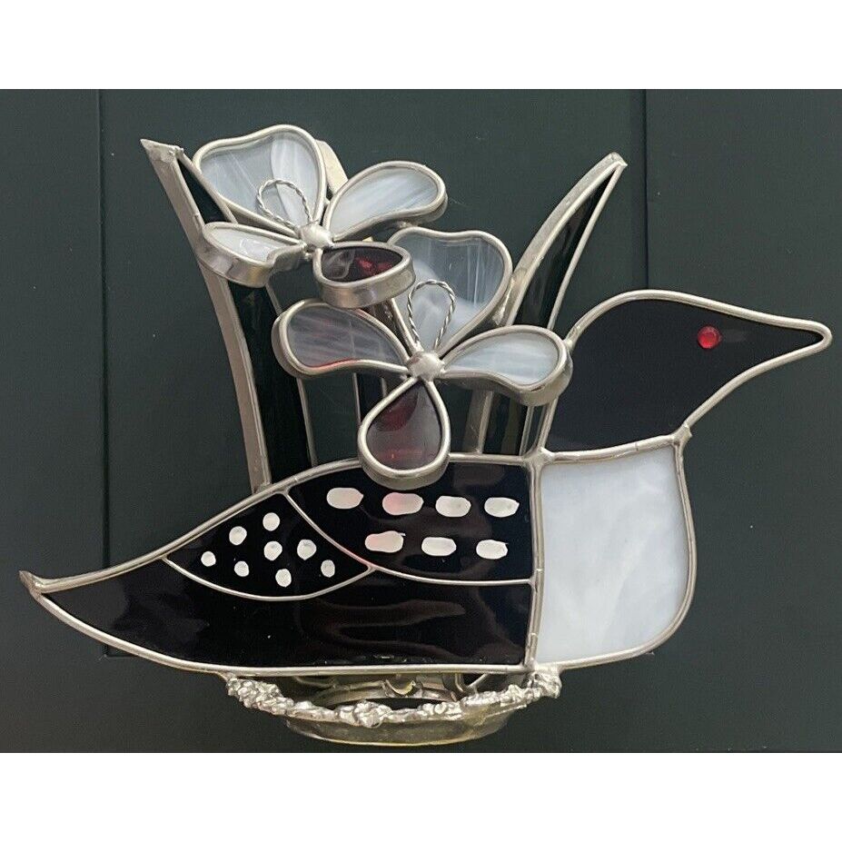 Vintage ✨Stained Glass Loon Bird Pond Handpainted Pewter Metal