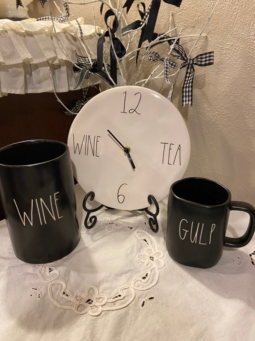Rae Dunn wine chiller, clock and mug