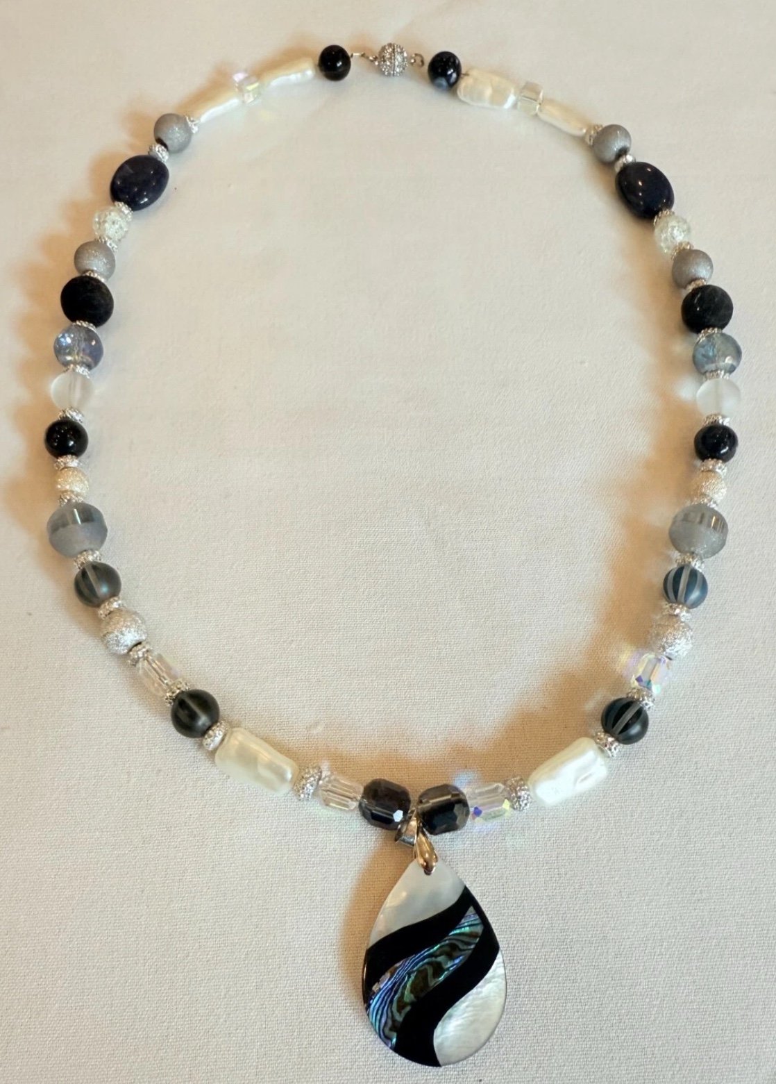 Hand Made Custom Necklace, White/Black Abalone Pendant, Magnetic Clasp, 20 inch
