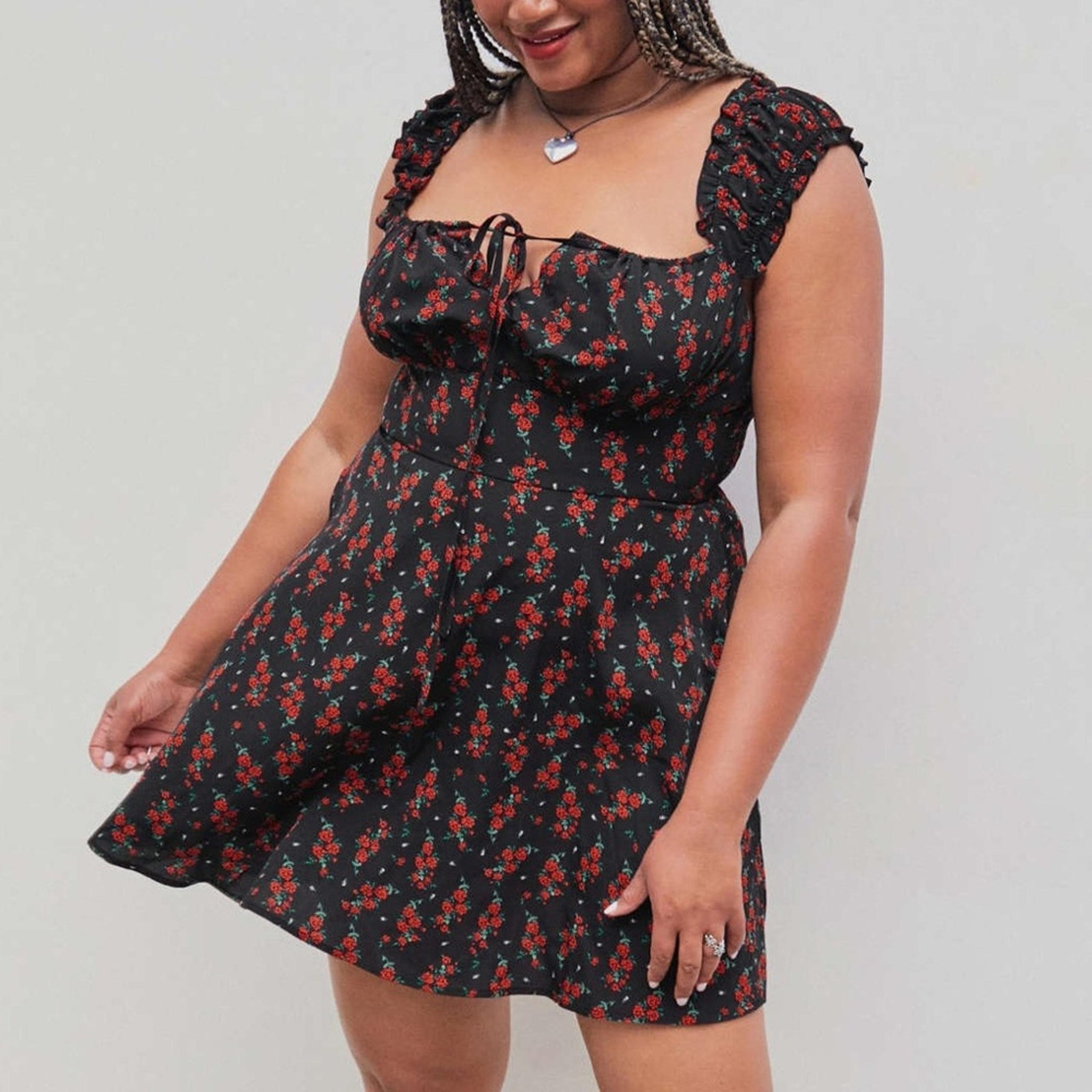 NWT Cider Rose Floral Square Neck Ruffle Curve Mini Dress Black Red Glam Plus 1X