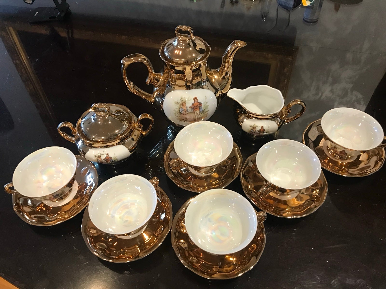 Vintage Rare Favolina Poland Gold Painted Coffee Tae Set for 6