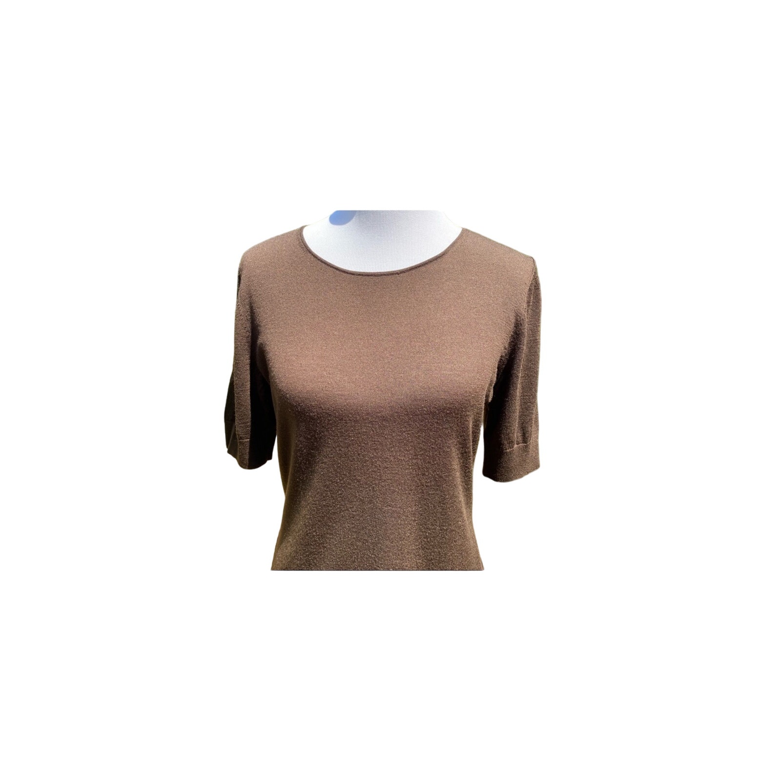 Lafayette 148 100% Wool Brown Round Neck Short Sleeve Sweater Knit Top - Medium