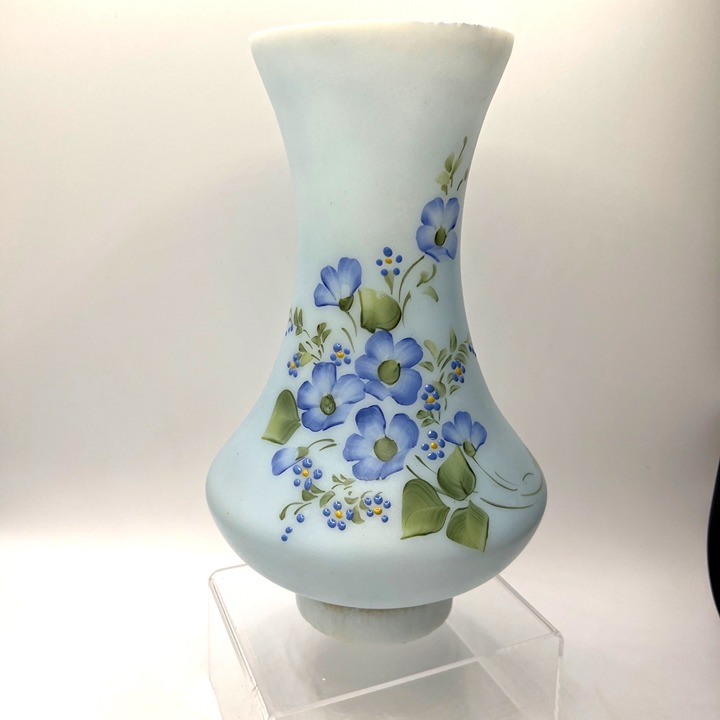 Italian lamp shade Frosted Blue Ceramic Satin Art Glass Iris Flowers Gilt Vase S