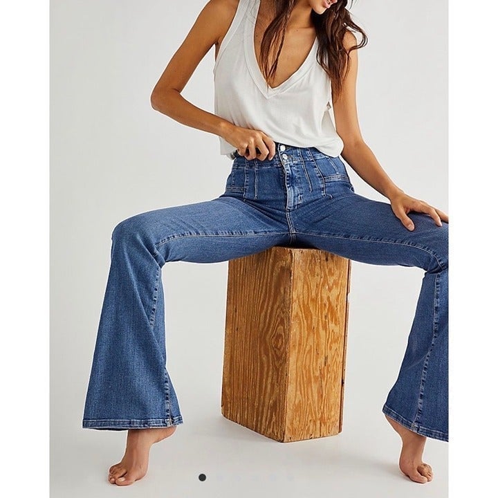 New Free People Jayde Flare Jeans We The Free Super High Rise in Indigo Blue