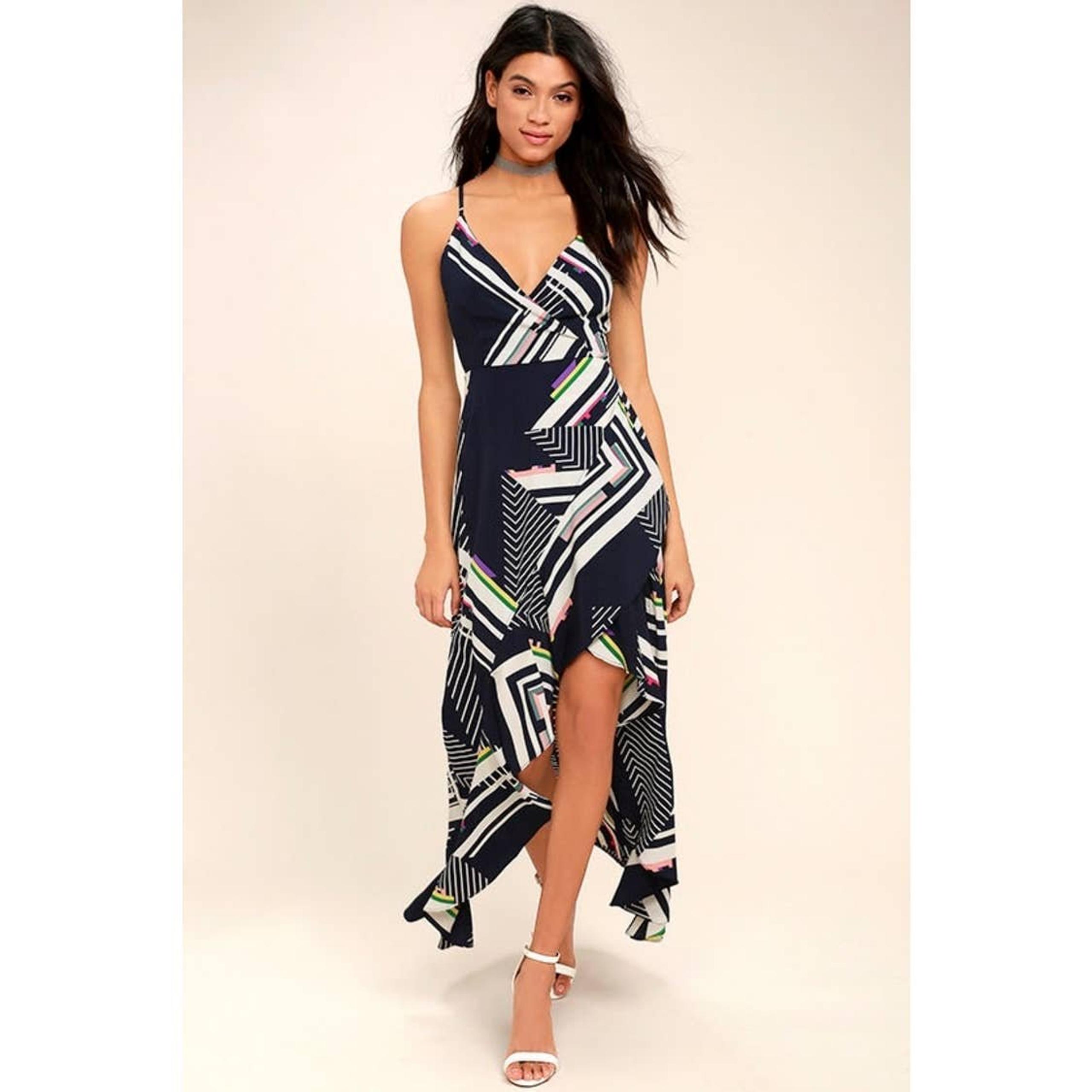Lulus The Sky’s The Limit Navy Blue Striped High-low dress sz M