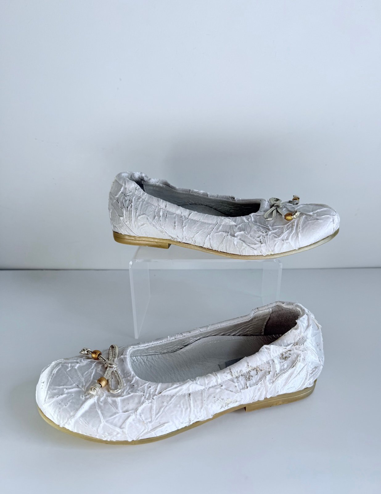 Cherie Toddler Girls Elegant White Crinkle Satin Ballet Flats Made Italy (US 12)