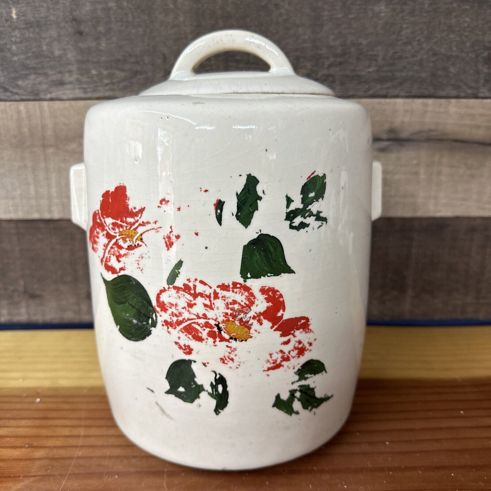 McCoy Red Floral Cookie Jar Hand Painted Pottery -paint Wear