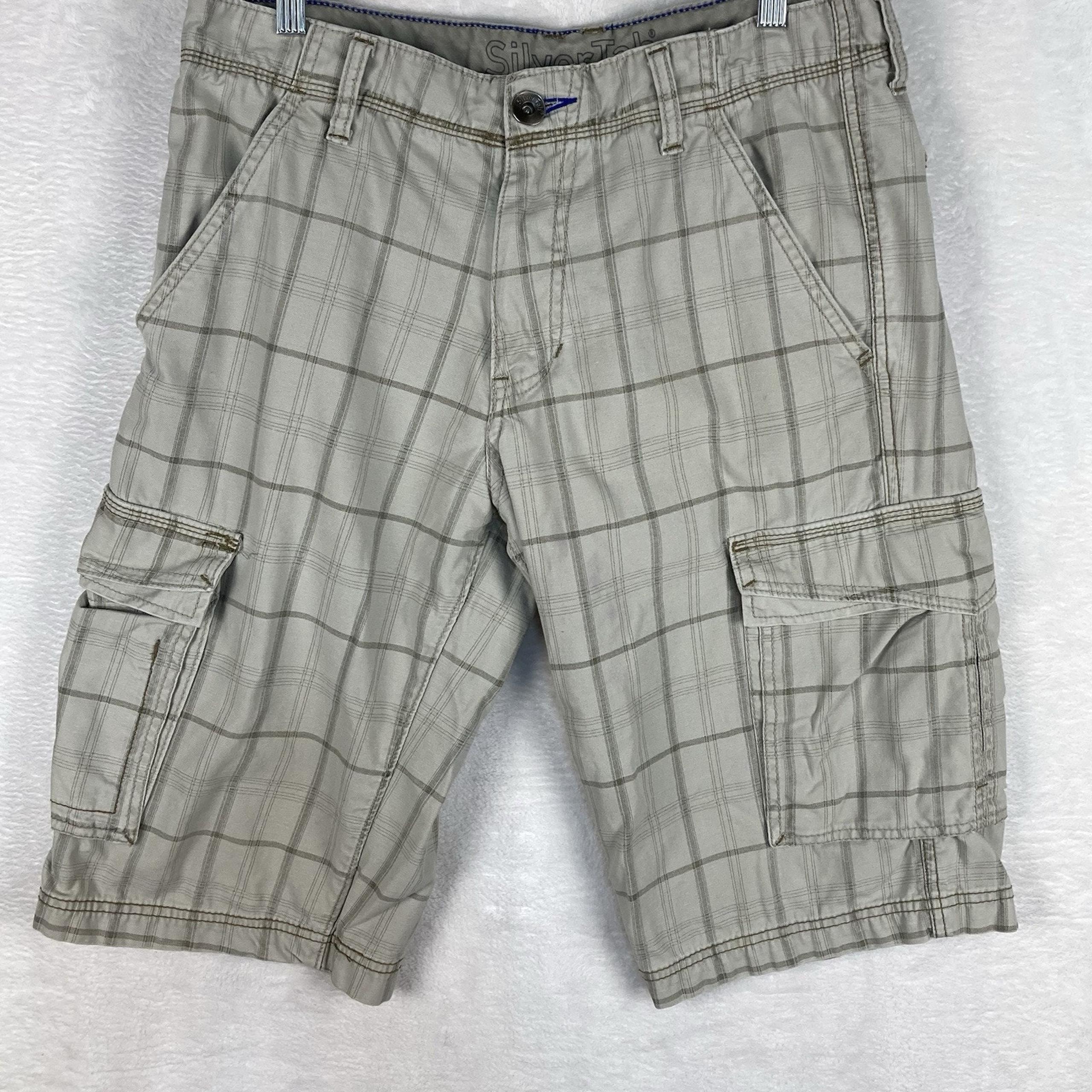 VTG Levis Silvertab Mens 31 Gray Khaki Beige Plaid Baggy 90s Y2K Cargo Shorts