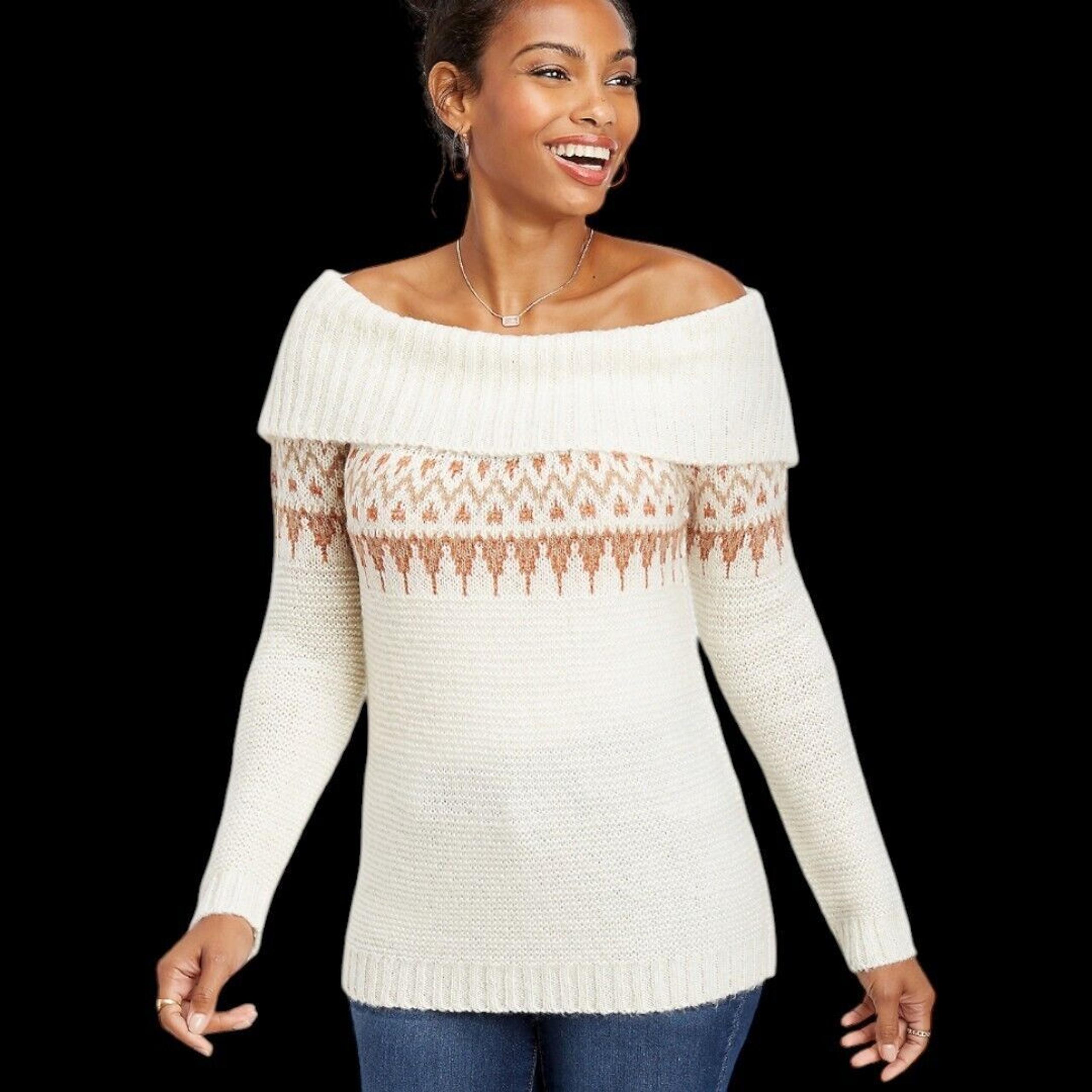 NWT Maurices S Soft White Fair Isle Marilyn Neck Off Shoulder Pullover Sweater