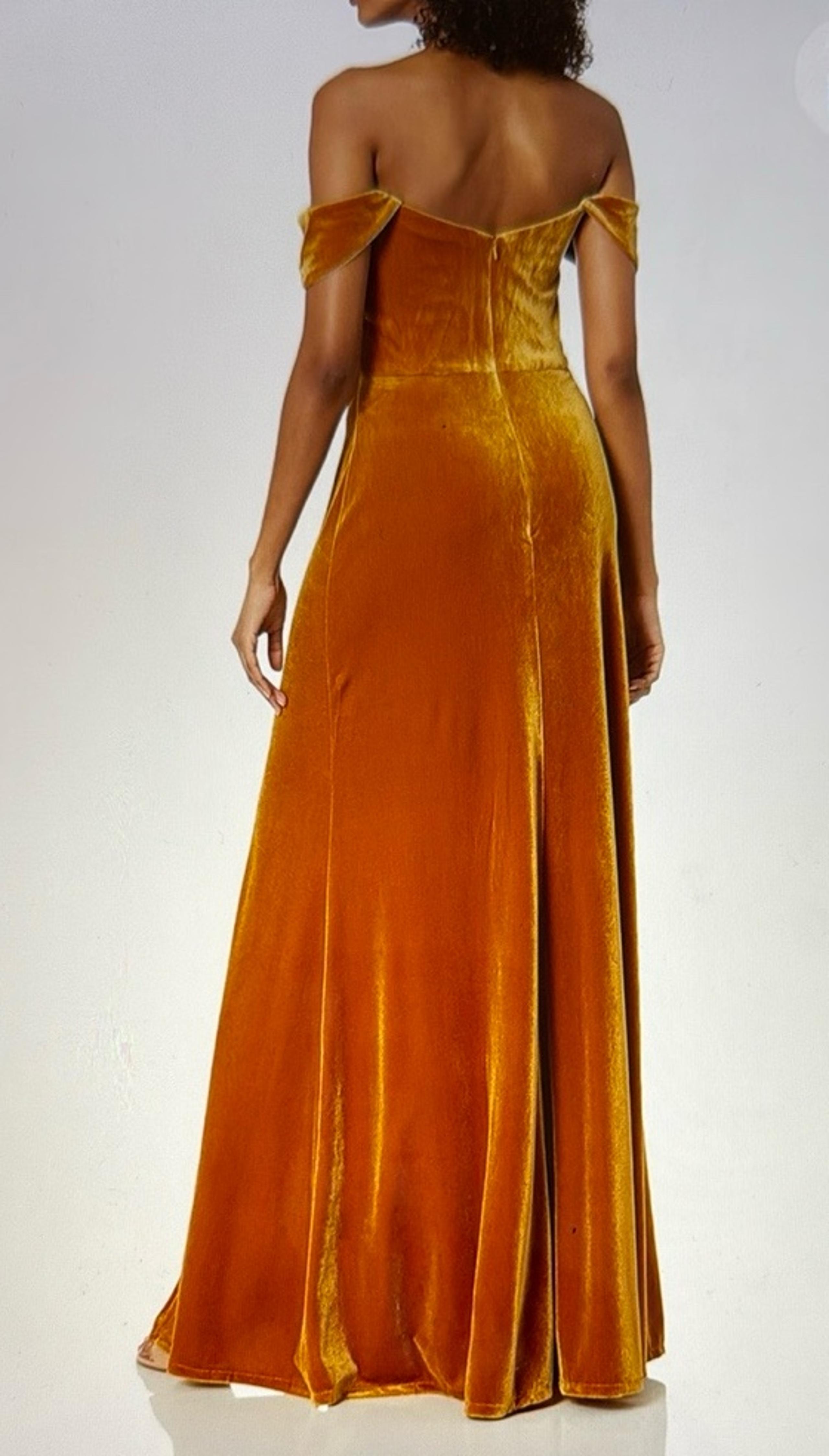 Jenny Yoo Collection ISSA Off The Shoulder Scoop Neck Marigold Velvet Deess Sz10