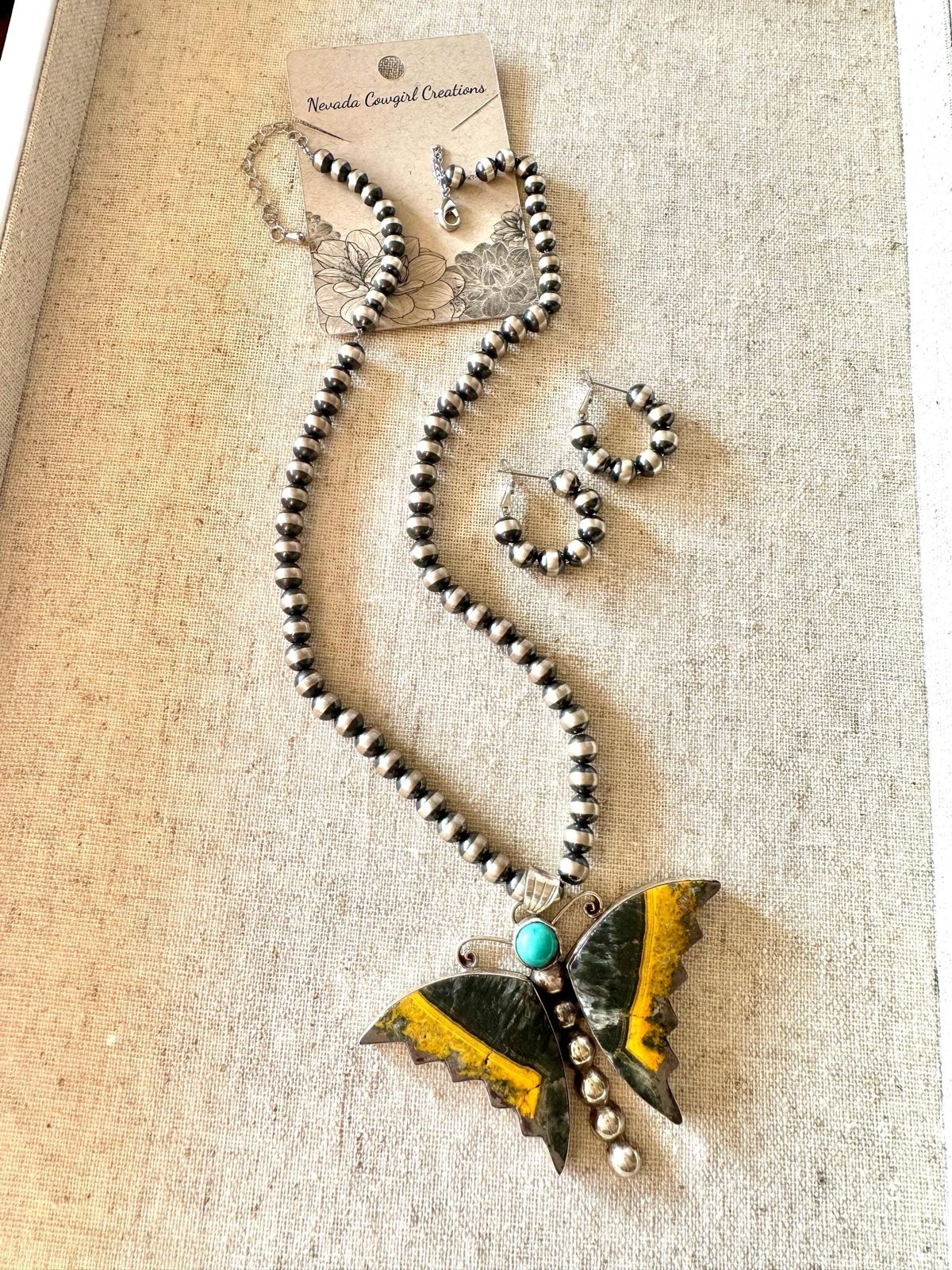 Native American Pearl Butterfly Necklace & Earring Set