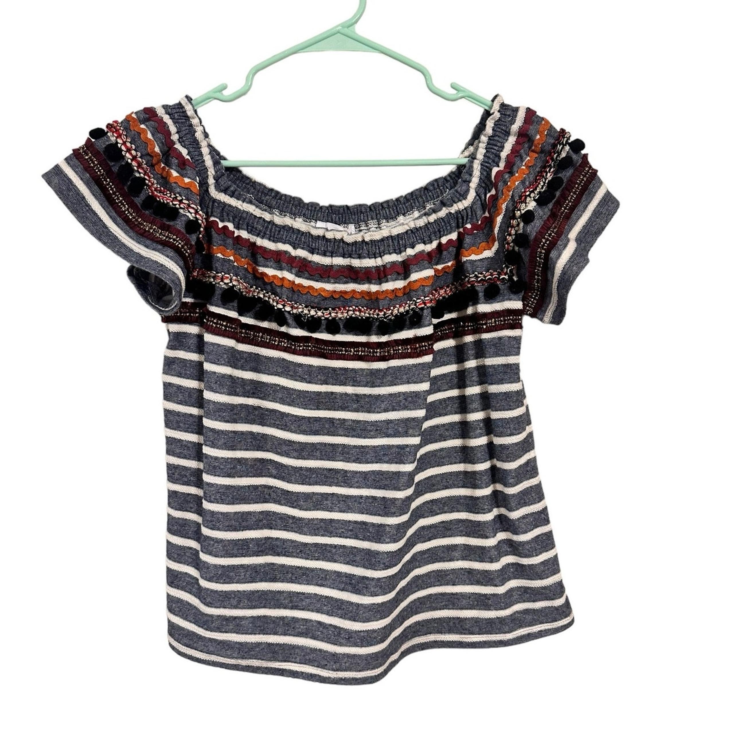 THML Mara Off (or On) The Shoulder Knit Top Size Large Blue and White