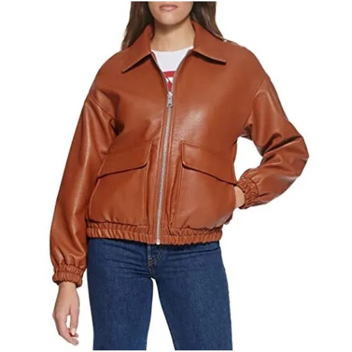 NWT LEVIS Faux Pebbled Leather Oversized Jacket Cognac Zipper Pockets Lined XL