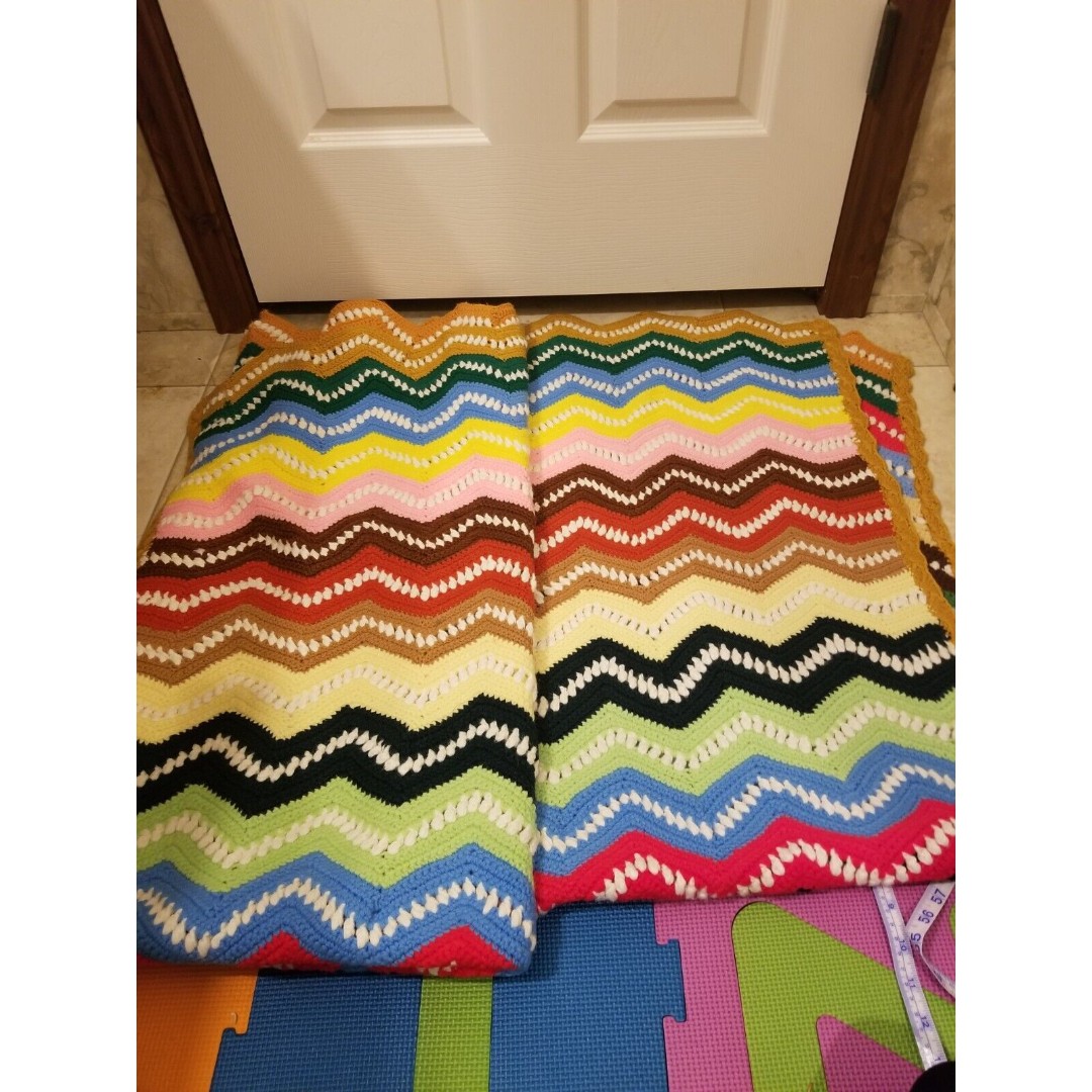 Heavy weight Chevron stripe multicolor rainbow hand crochet Afghan blanket 64 x