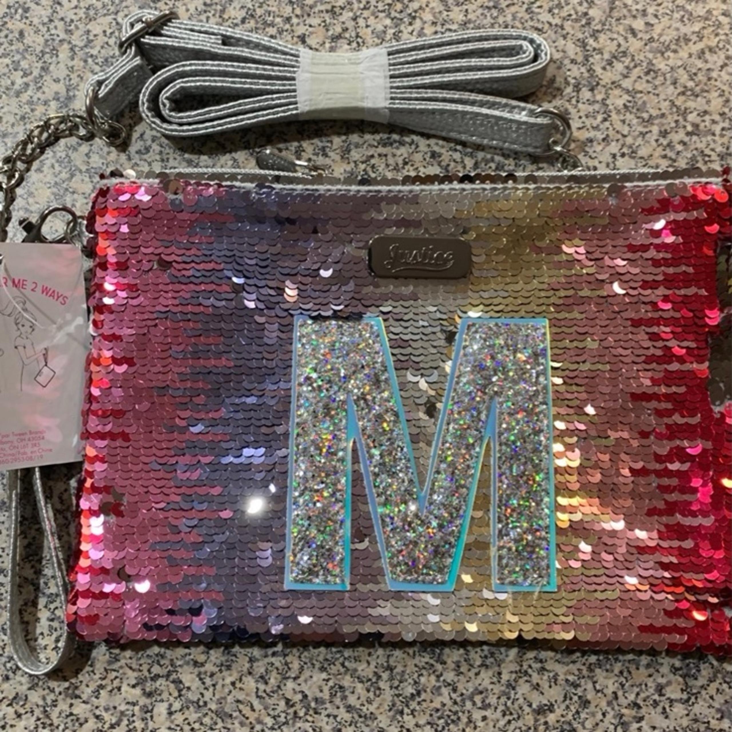 Justice Sparkle Sequin Monongram  M Crossbody Bag New