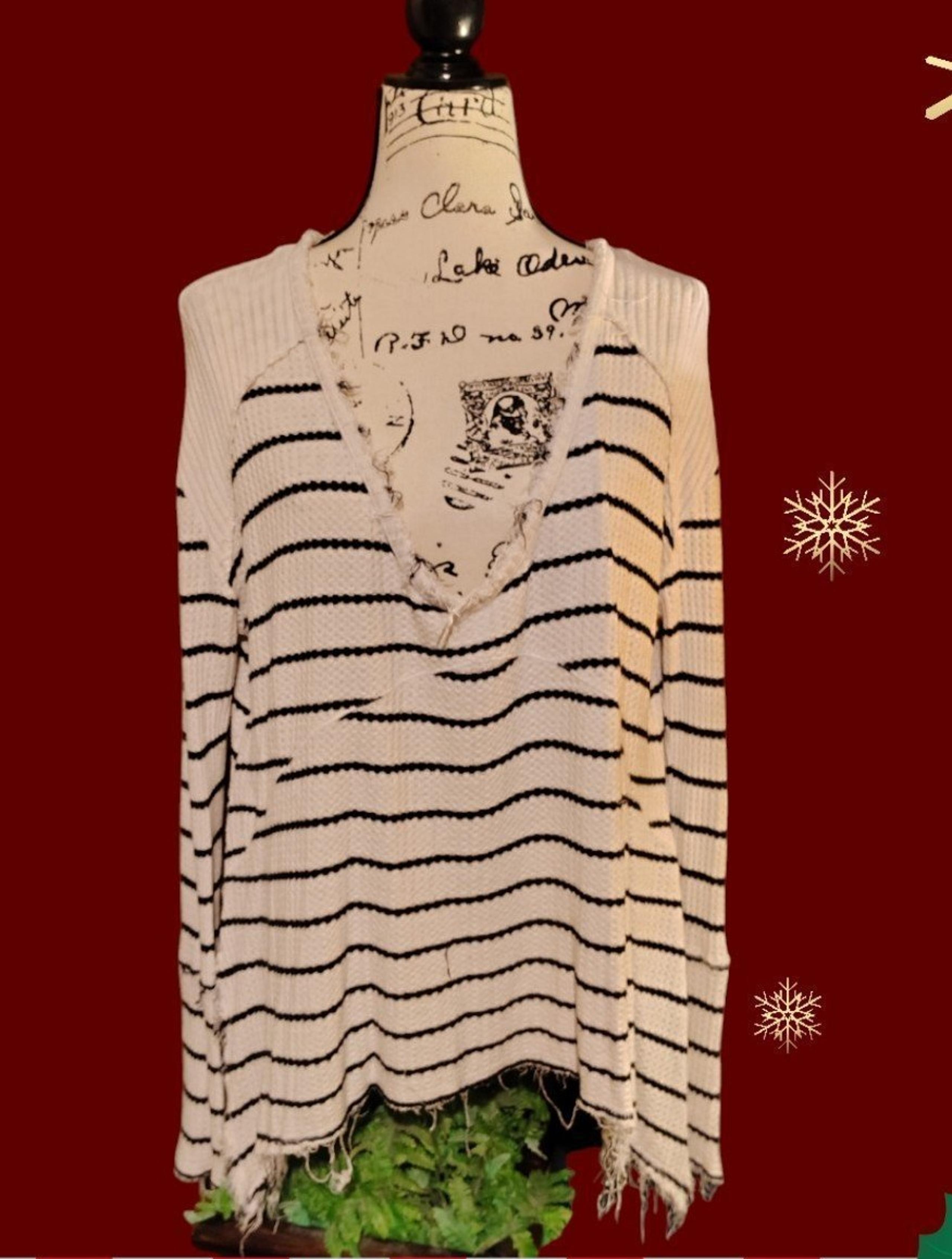 Free People Stripped Oversized Distressed Thermal Waffle Knit Top