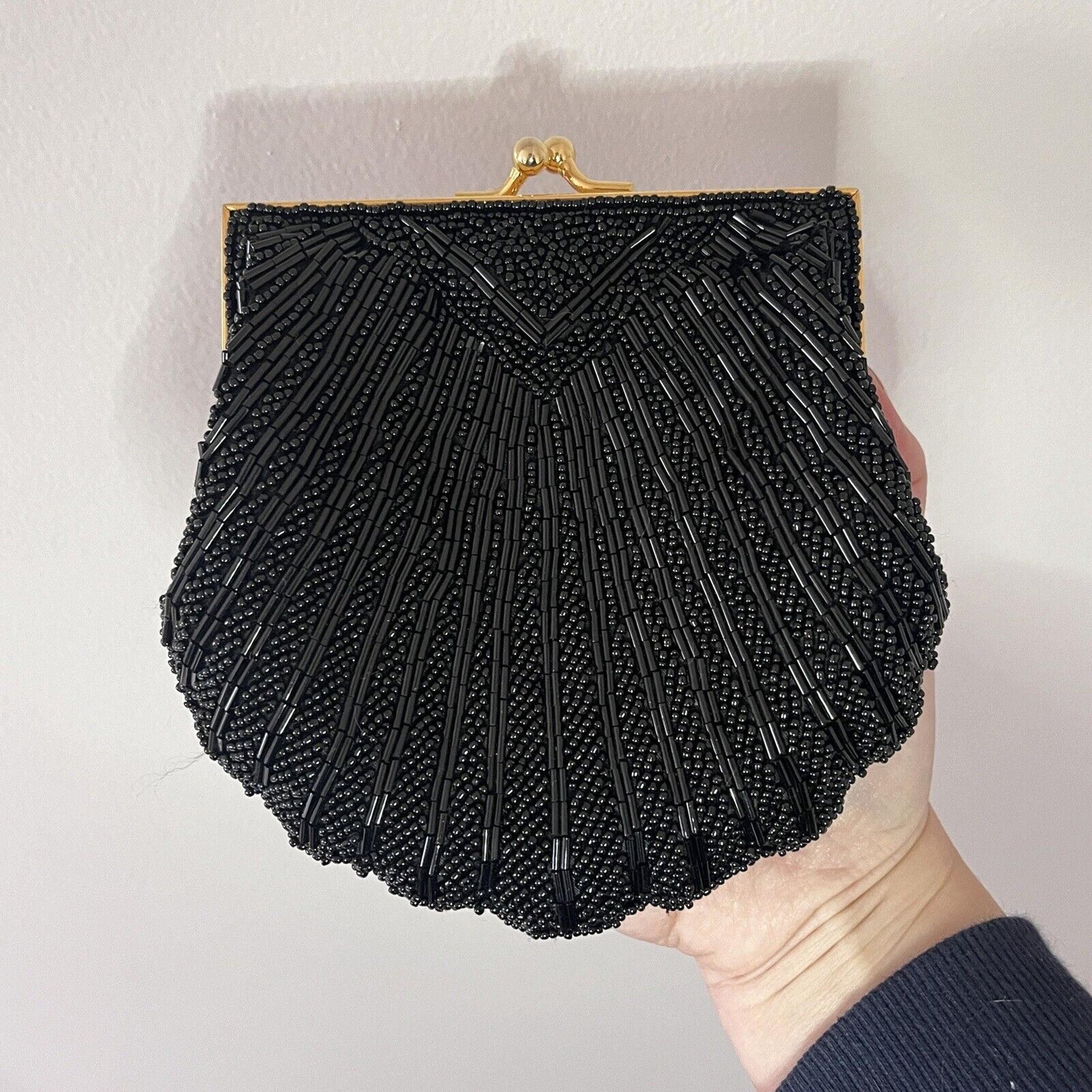 Vintage Valerie Steven’s Clutch Black Beaded Claim Shell 6"x6"