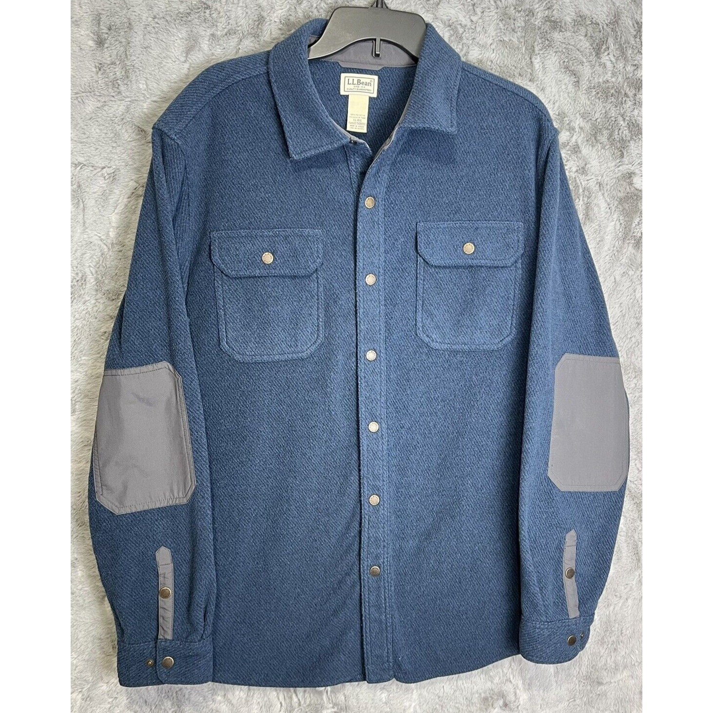 LL Bean Shirt Mens Large Blue Fleece Shacket Elbow Patch Snap Pocket