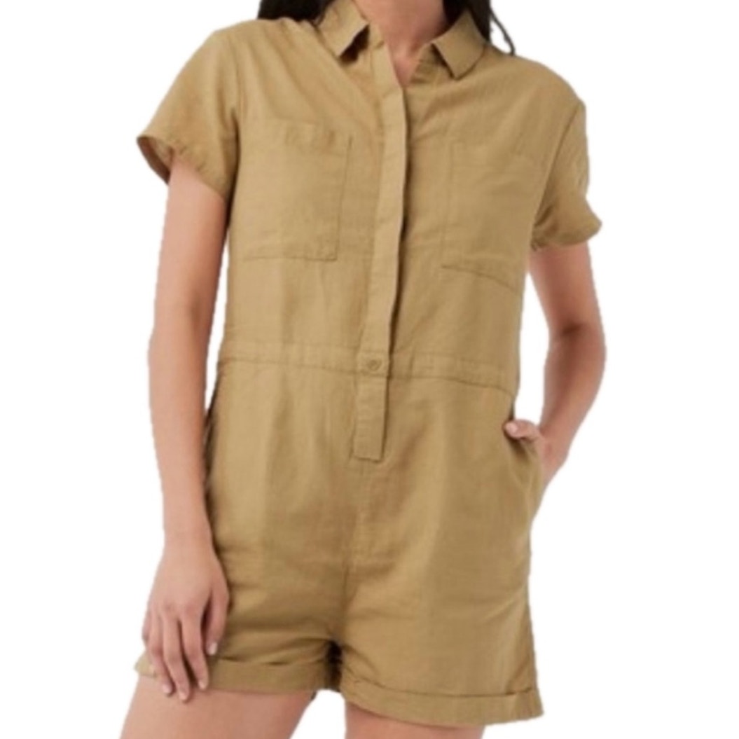 Pact The Harbour Romper Shortalls Tan Organic Cotton Hemp Lightweight XL NWOT