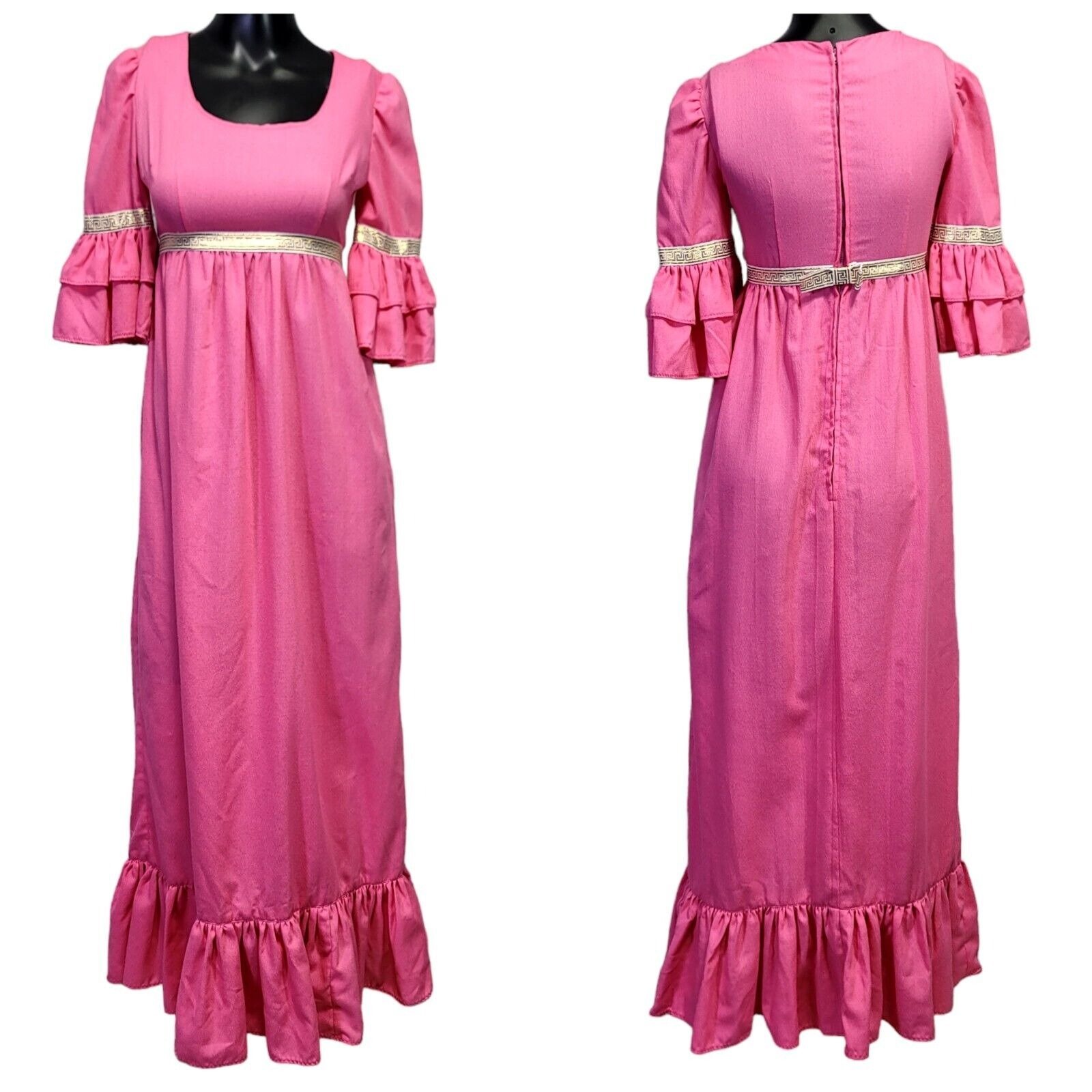 Vintage 70s Hot Pink Crepe Polyester Empire Waist Greek Key Detail Ruffle Maxi