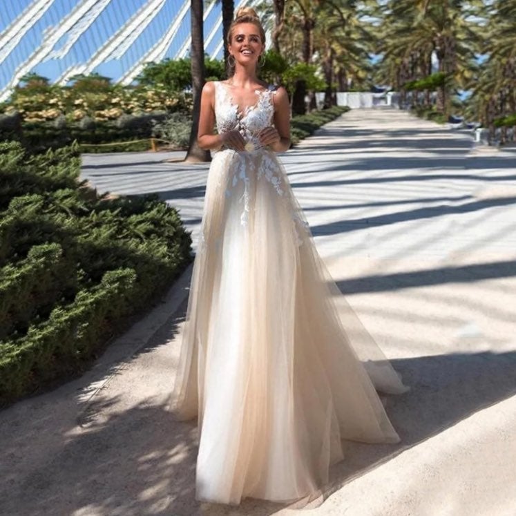 Champagne V-neck Lace Bridal Dress