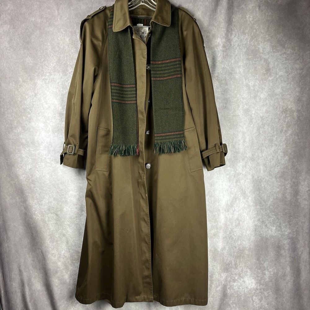 Vintage 1970s LONDON TOWNE Trench Coat 16Reg Removable Plaid Lining/Scarf Brown
