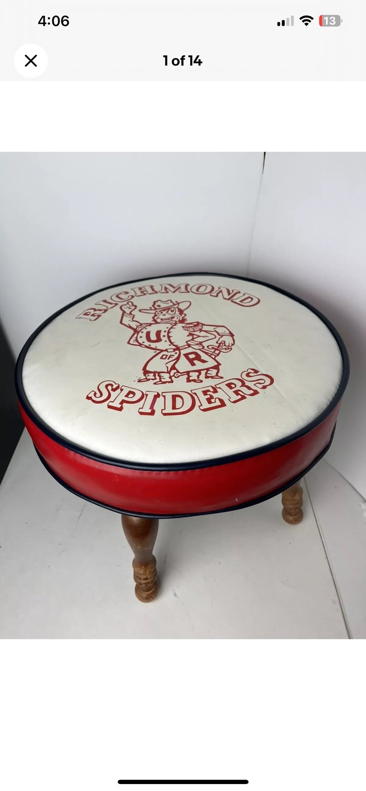Vtg RICHMOND SPIDERS UNIVERSITY OF RICHMOND VA Round Foot Stool 11 7/8” Tall