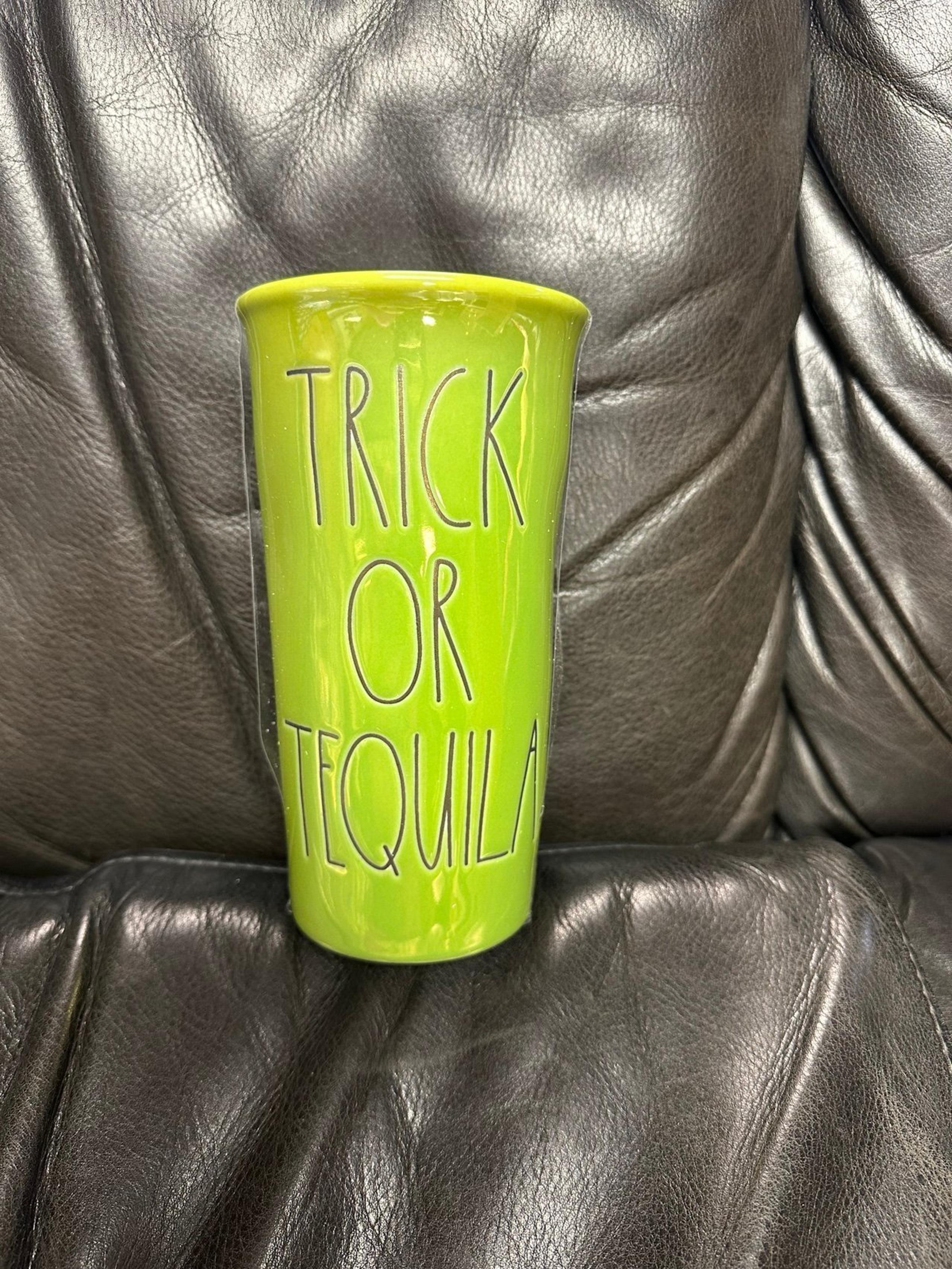 TRICK OR TEQUILA Green iridescent travel mug. 15 oz. New Rae Dunn