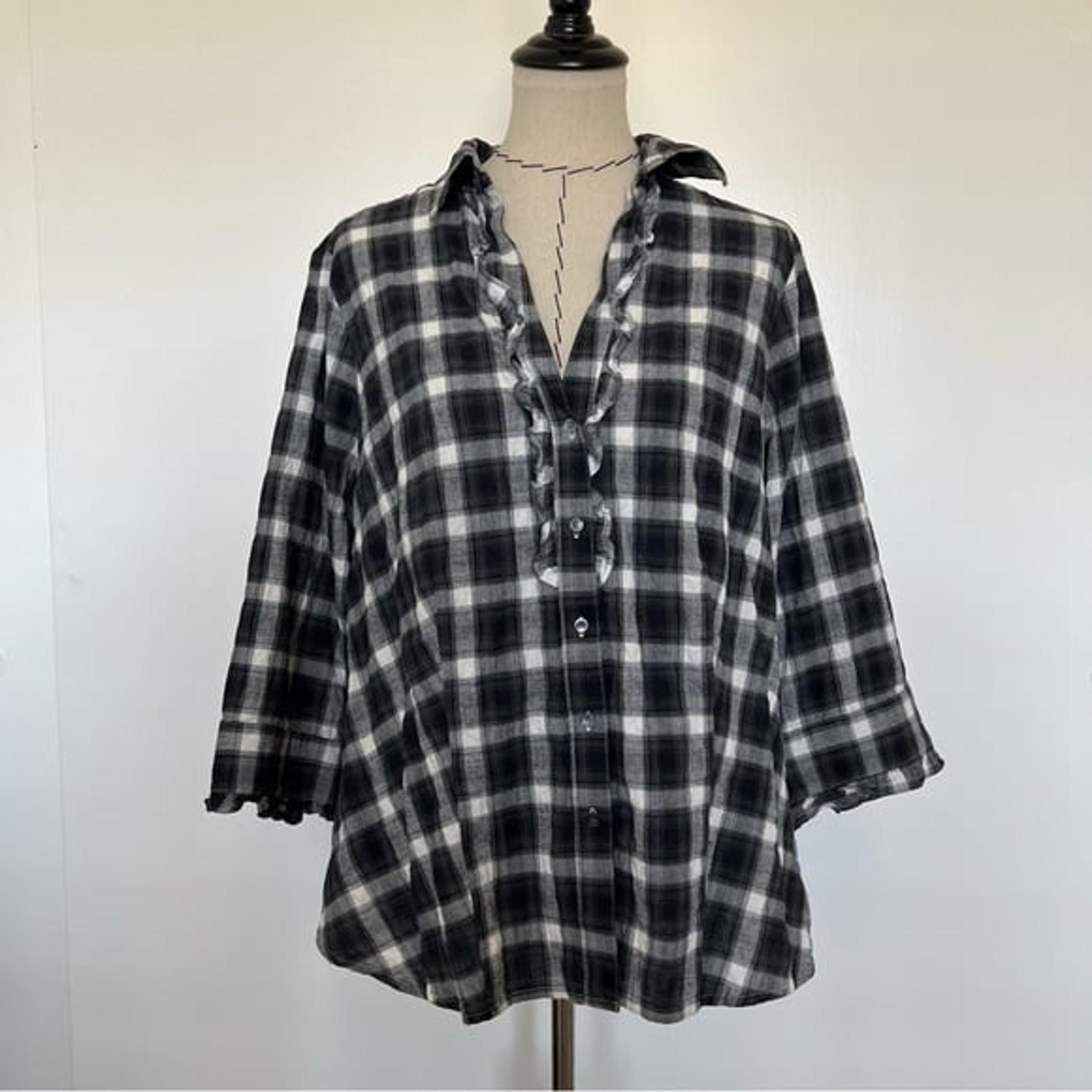 Sandra Ingrish black and white ruffle blouse, size 16W