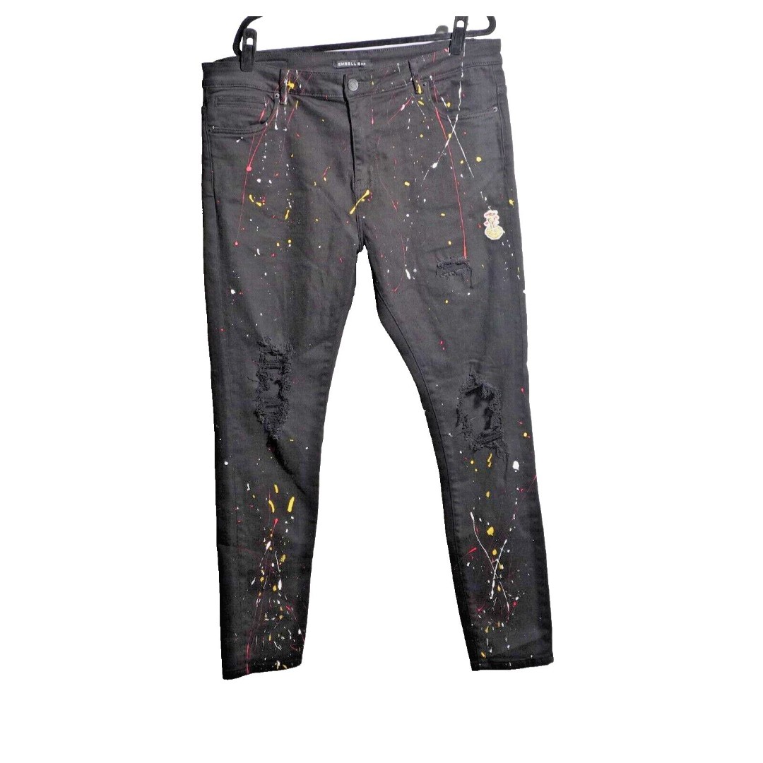 Embellish NYC Black Denim Distressed Jeans Paint Splatter Rips Grunge Mens 40