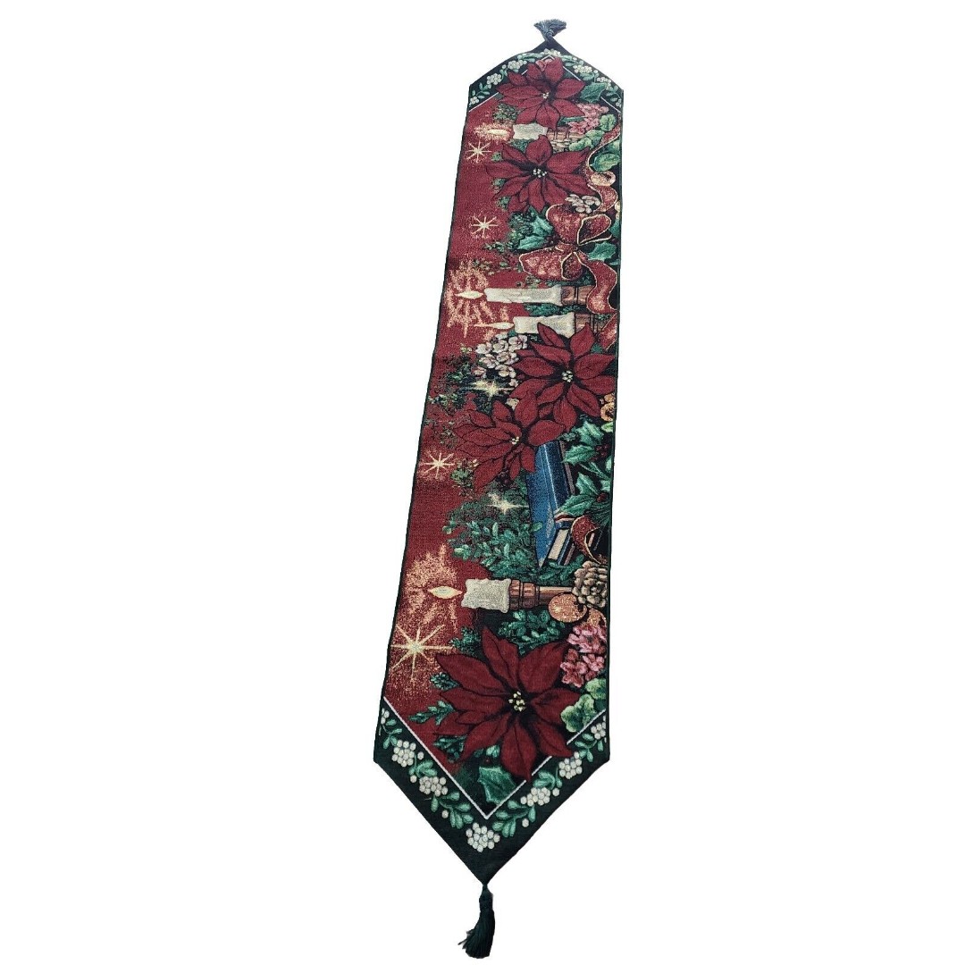 Evensolitude Tapestry Table Runner Holiday Green Red Candles Poinsettias 13”X72