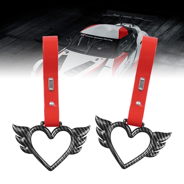 BRAND NEW 2PCS Angel Wing Heart Carbon Fiber JDM TSURIKAWA RING Red Handle Strap