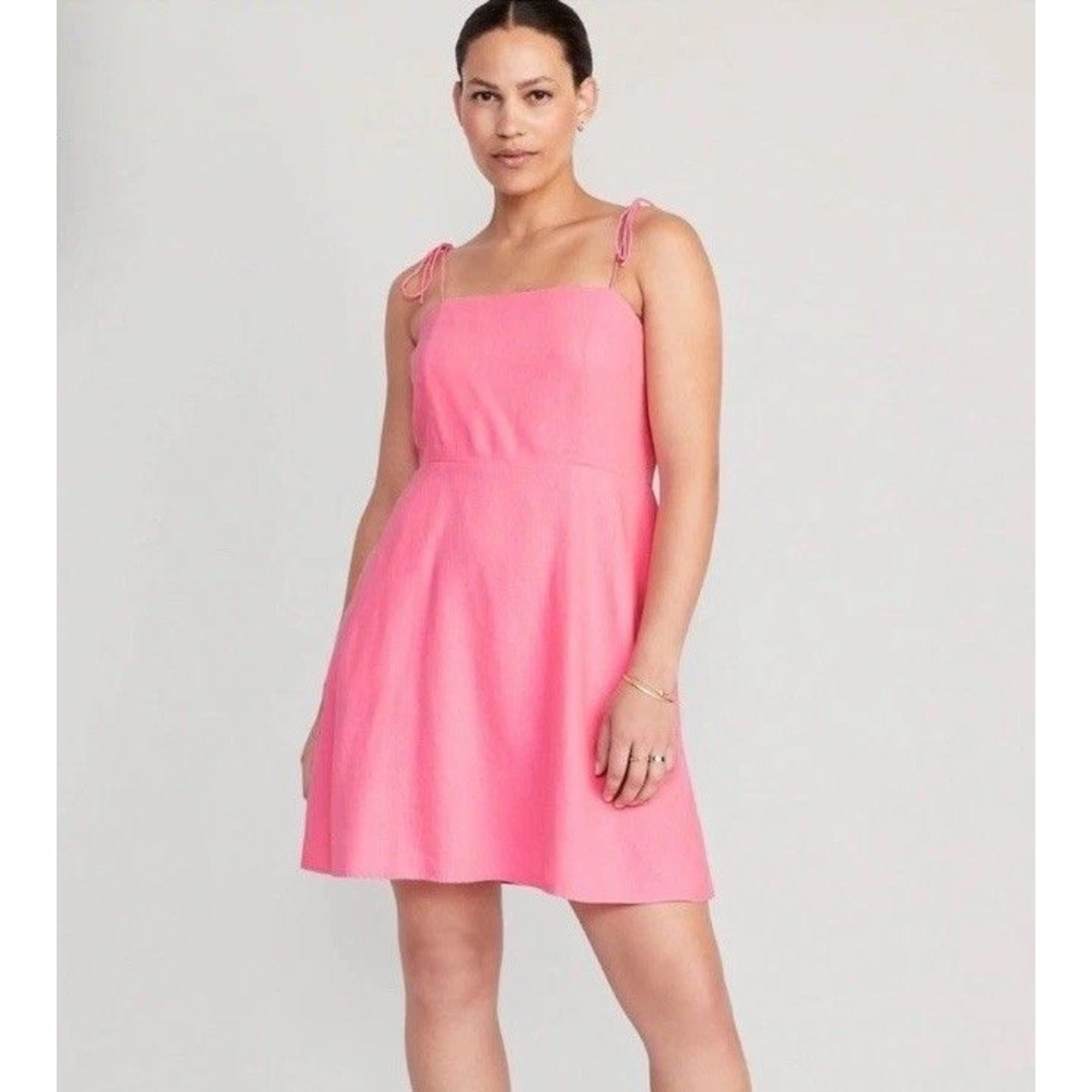 Old Navy Womens Fit & Flare Tie Shoulder Mini Cami Dress Linen Blend Pink XL NWT