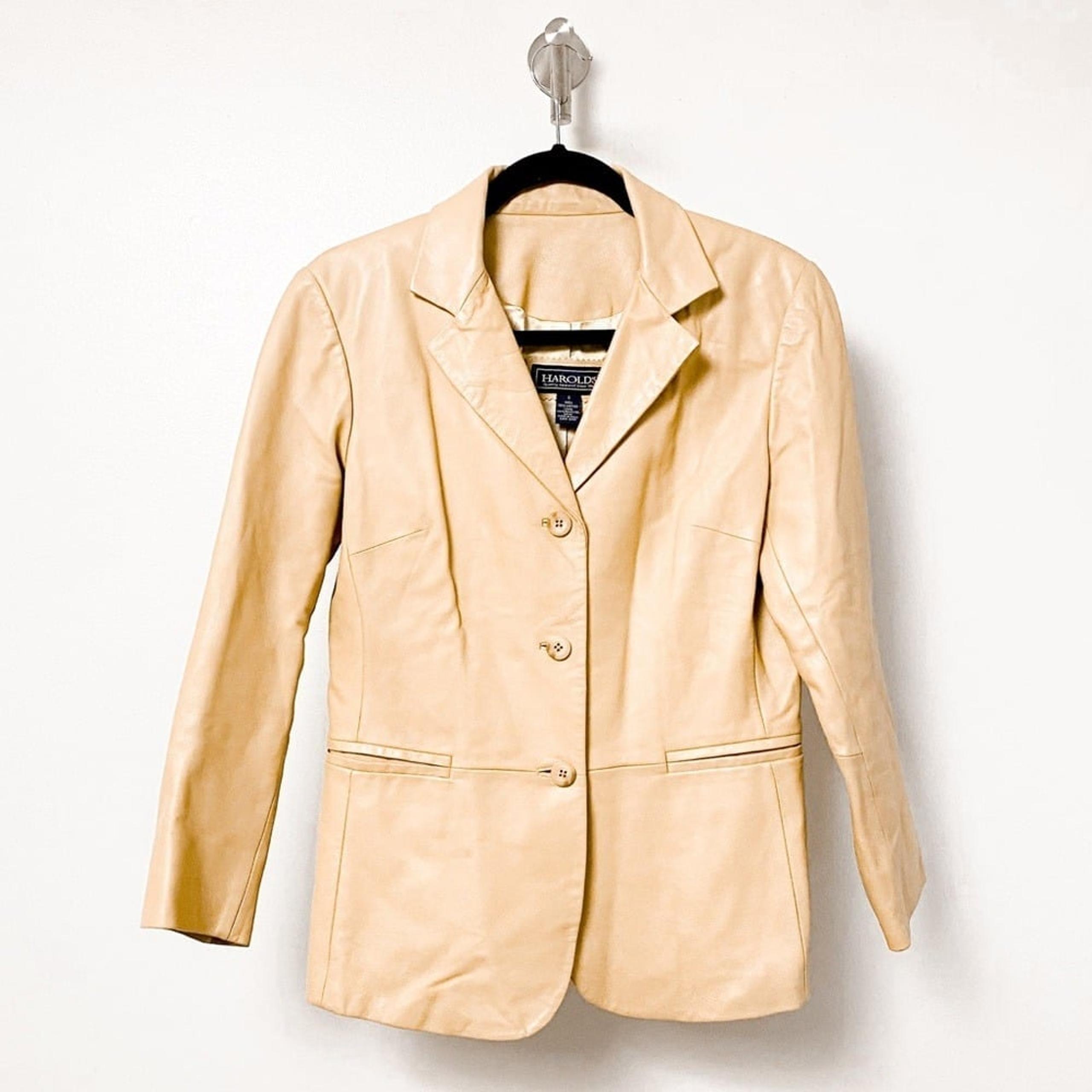 Harold's Vintage Leather Spring Chic 3 Button Jacket Blazer Cream Beige