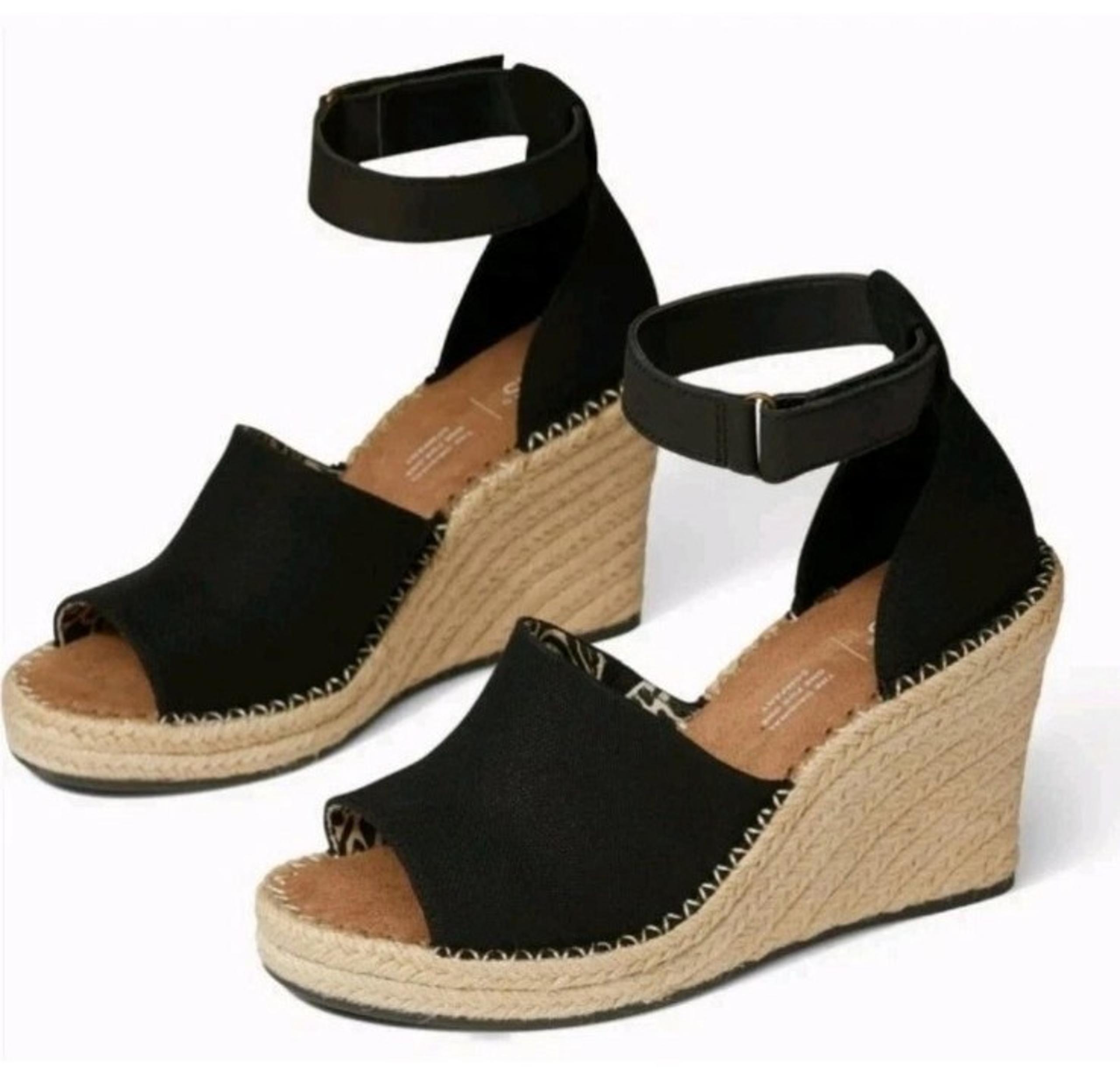Pre-Owned Toms Marisol Espadrille Black Wedge Sandals Size: 11