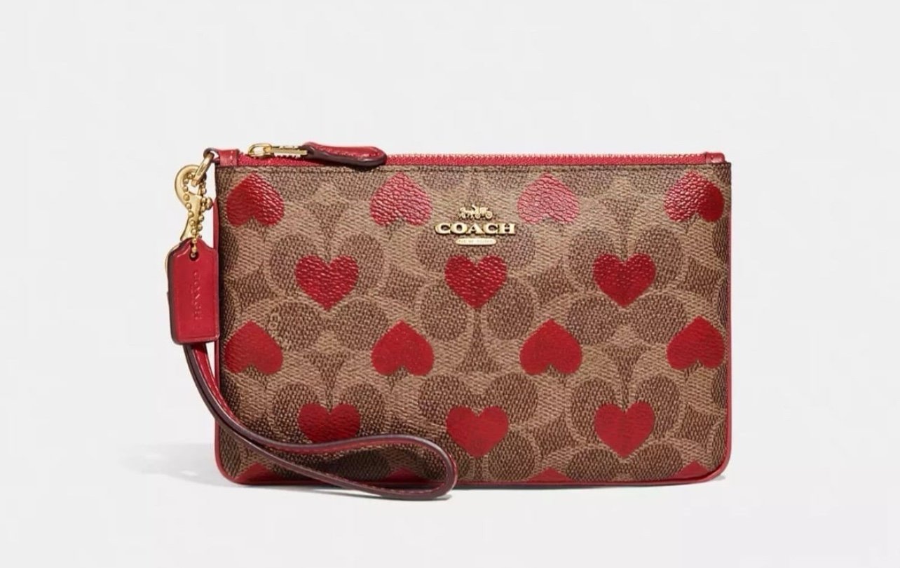 NWT COACH Small Wristlet In Signature Canvas Heart Print Gold Accents CF265