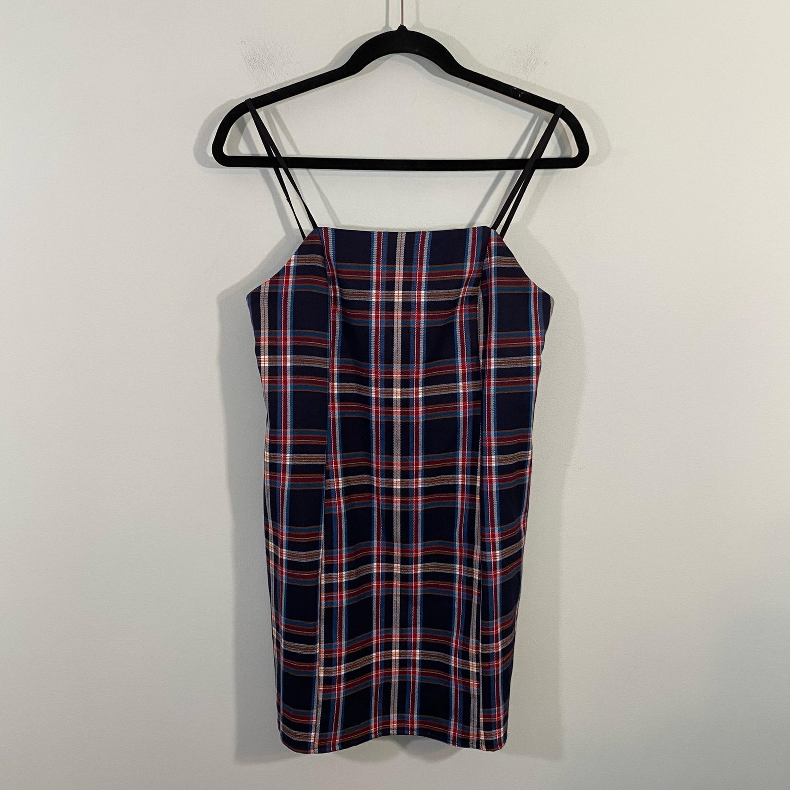 Urban Outfitters Navy Plaid Academia Spaghetti Straps Mini Dress Size S