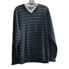 TOMMY HILFIGER Sweater Blue White Horizontal Stripes V-neck Pullover Large