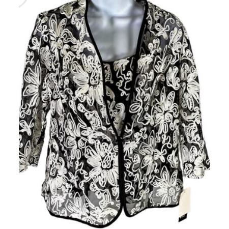 NWT Alex Evenings Black White Textured Tank Jacket Set Sheer Womens M