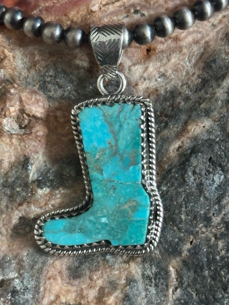 Turquoise cowboy boot sterling silver pendant